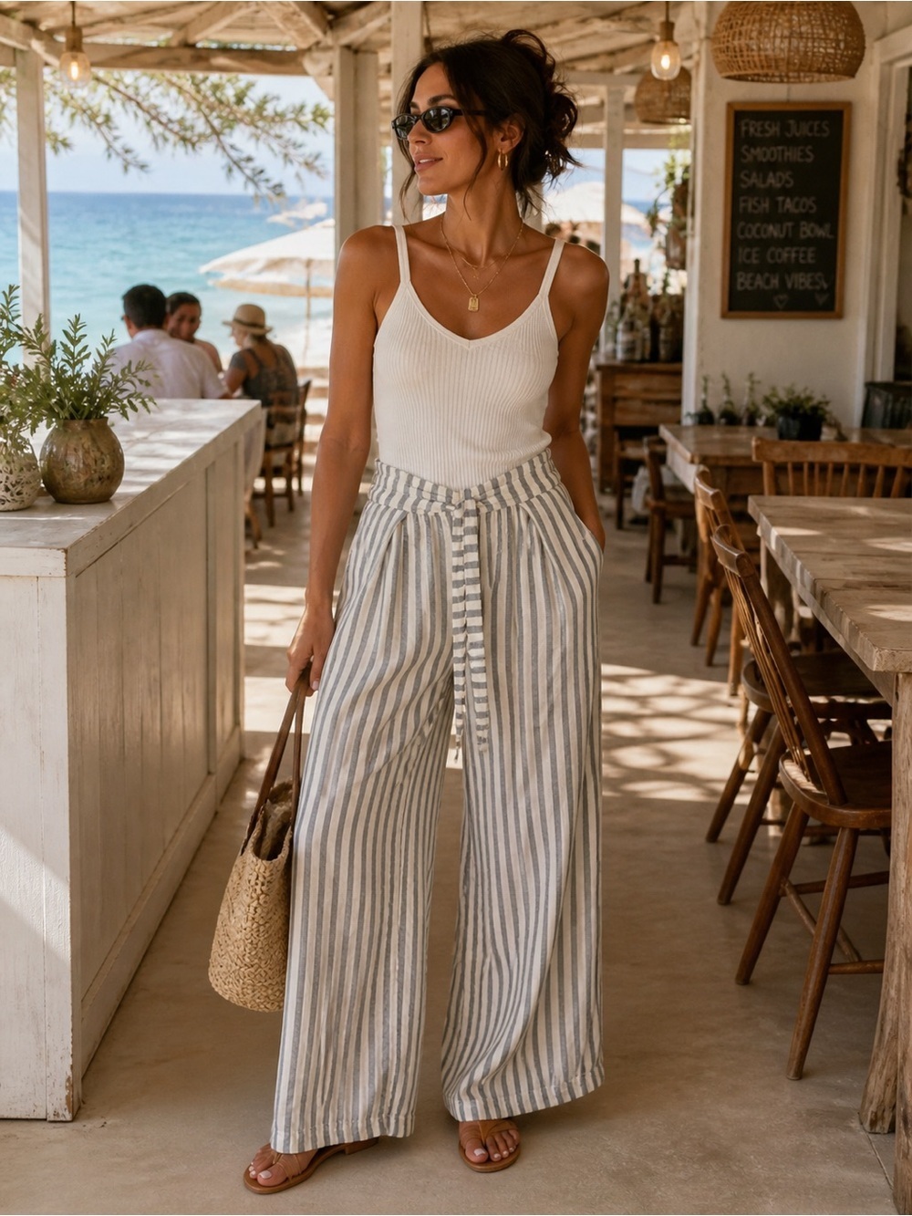 BECCA Women's Blue and White Striped Swim Coverup Open Leg Pant. Small